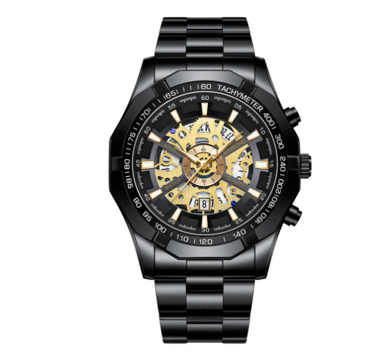 Black and gold mechanical watch on a white background