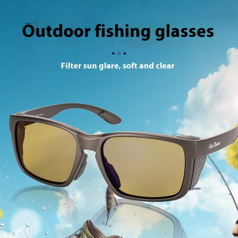 Brown polarized sunglasses with wraparound frame and amber lenses