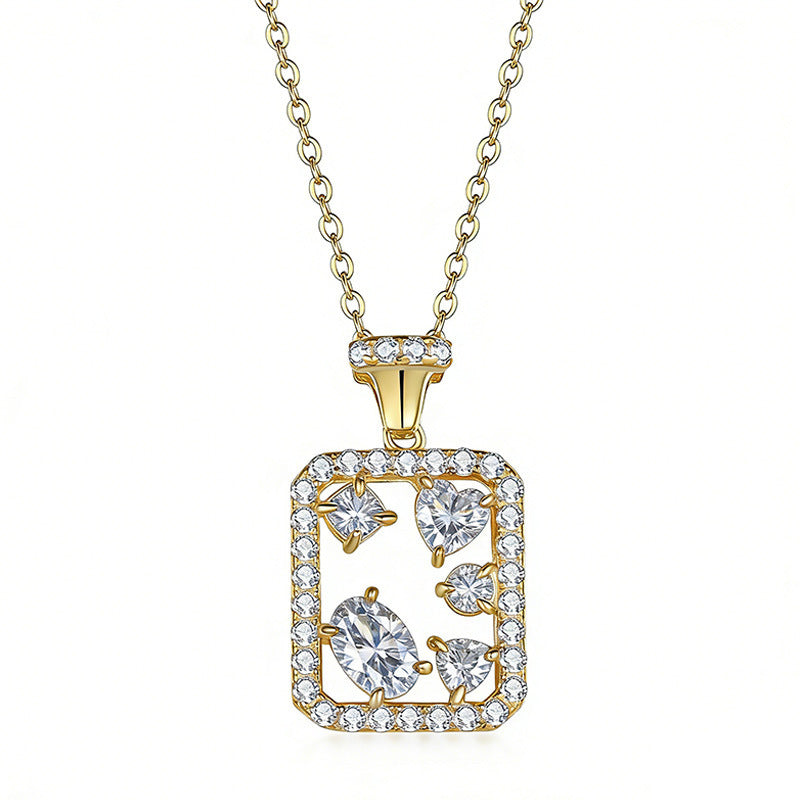S925 sterling silver geometric rectangle necklace featuring mixed-cut D Color VVS1 moissanite stones with pave halo border in silver and gold finishes