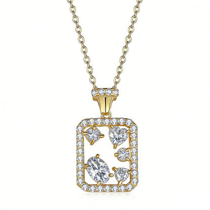 S925 sterling silver geometric rectangle necklace featuring mixed-cut D Color VVS1 moissanite stones with pave halo border in silver and gold finishes
