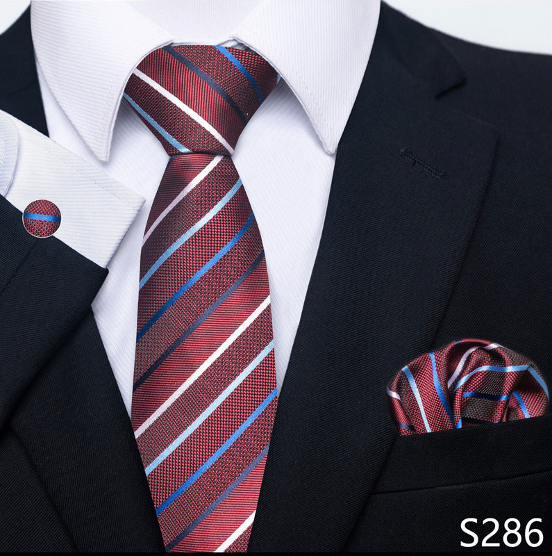 Red striped tie with matching pocket square on a suit, with 'S286' visible.