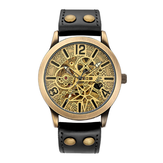 Mechanical watch with gold face and black leather strap on a white background