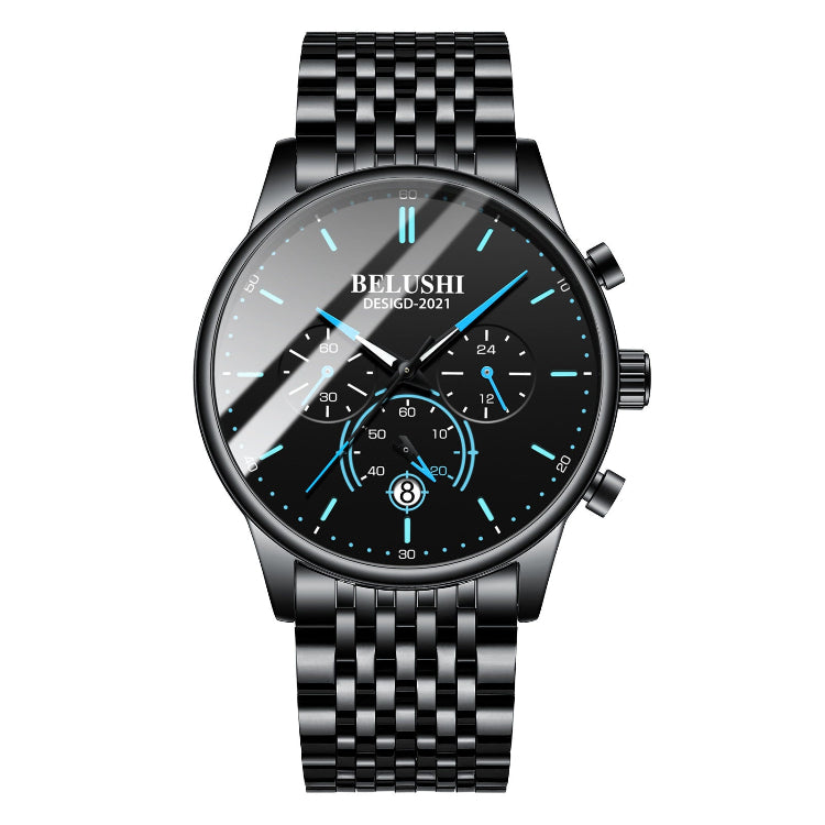 Black wristwatch with detailed face on a white background, featuring the brand 'BELUSHI'.