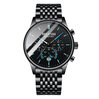 Black wristwatch with detailed face on a white background, featuring the brand 'BELUSHI'.