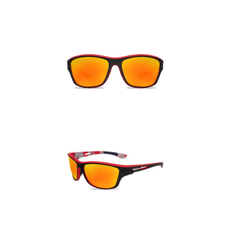Sunglasses with red lenses and black frames on a white background