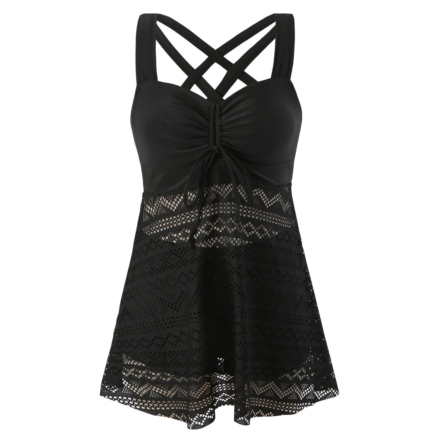 Black lace tank top with criss-cross straps on a white background