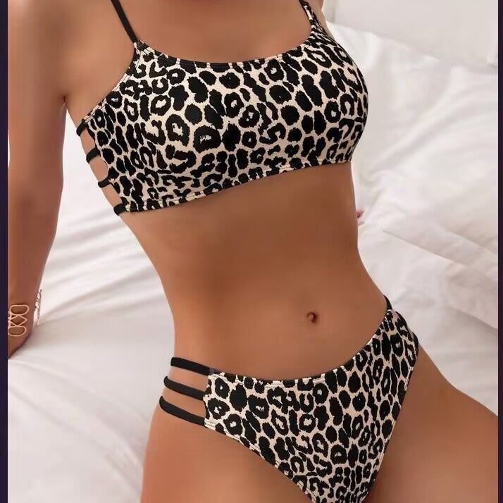 Leopard print bikini set on a white background