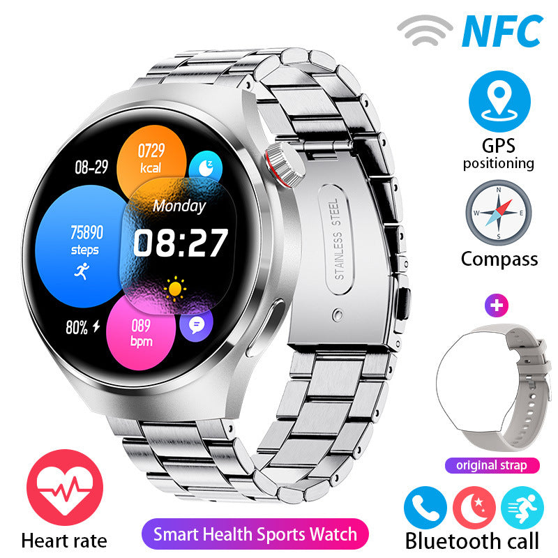 Round smartwatch with silver metal link band and health metrics on screen