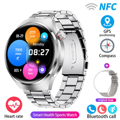 Round smartwatch with silver metal link band and health metrics on screen
