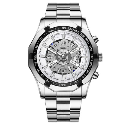Silver wristwatch with detailed face on a white background