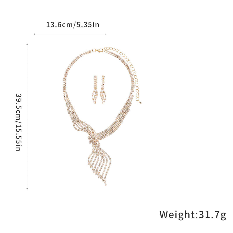 Jewelry set with necklace and earrings, including measurements and weight on a white background