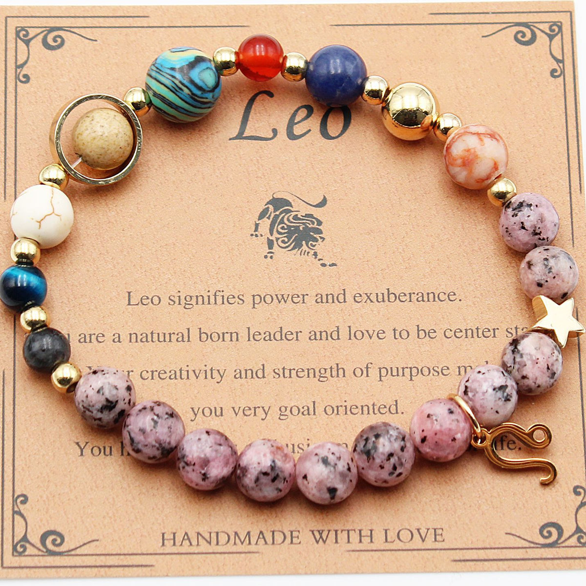 Natural stone beaded hemp bracelet with purple-pink stones, turquoise beads, and gold star charm