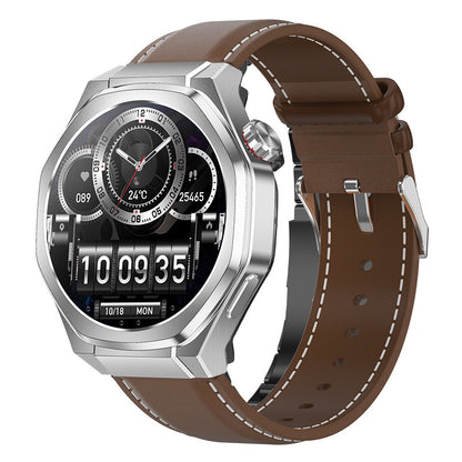 Smartwatch with a brown leather strap on a white background