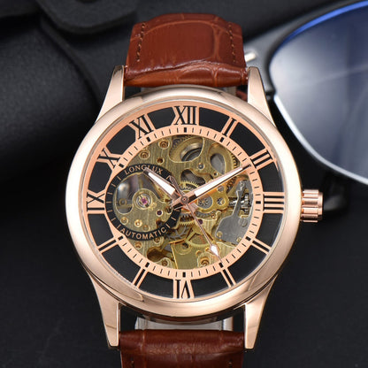 Watch with brown leather strap and rose gold case on a dark background
