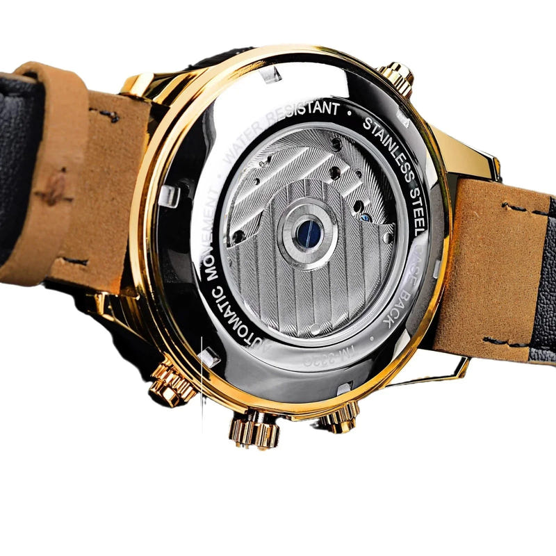 Forsining watch caseback close-up with silver movement and gold rim; tan leather strap