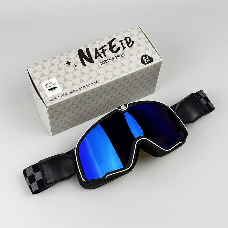Black sporty motorcycle goggles with blue reflective lens and adjustable strap