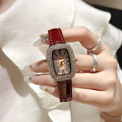 Women's diamond waterproof quartz watch with red leather-look strap and rectangular bezel