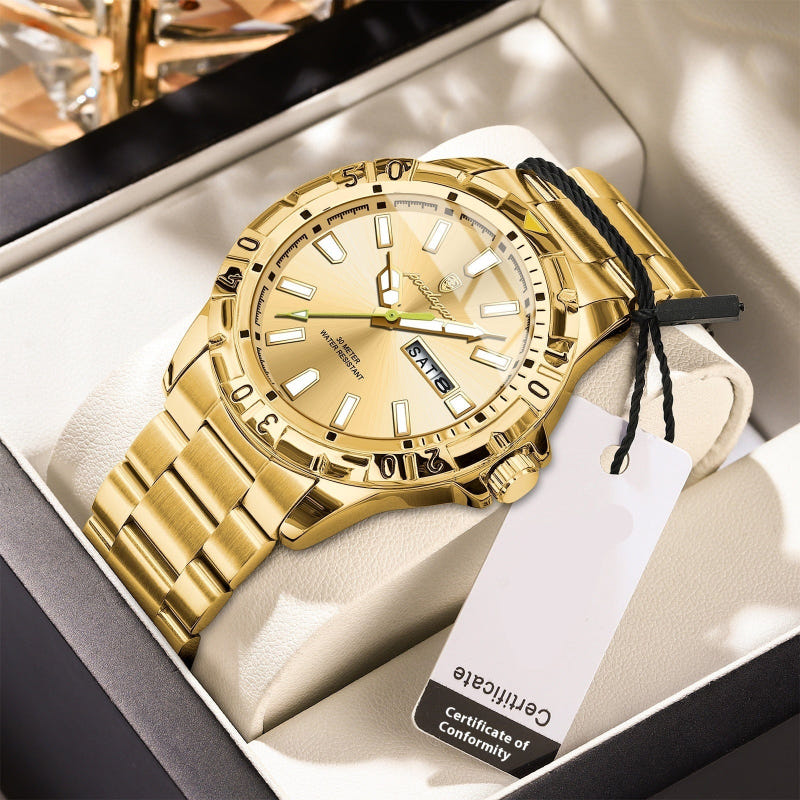Men's Swiss quartz dress watch with gold dial and gold metal bracelet, round bezel