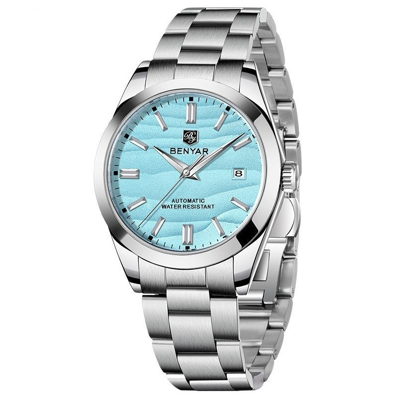 Silver watch with a blue face on a white background