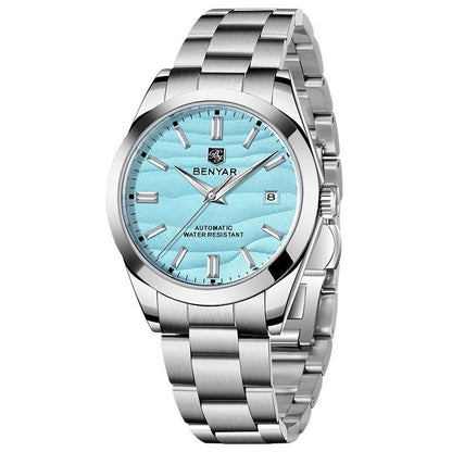 Silver watch with a blue face on a white background