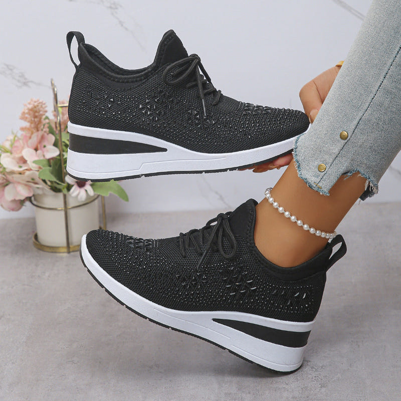 Breathable wedge sneakers, black knit mesh lace-up with patterned upper and thick white wedge sole