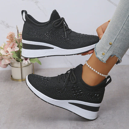 Breathable wedge sneakers, black knit mesh lace-up with patterned upper and thick white wedge sole