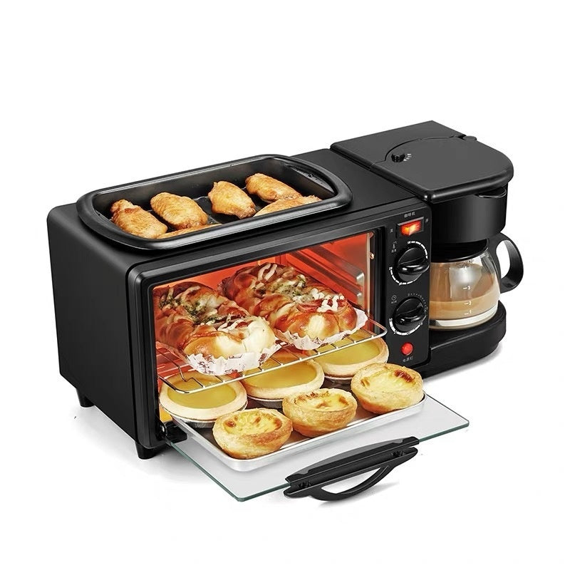 Multifunctional kitchen appliance with food items on a white background