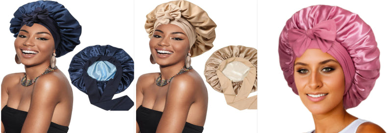 Satin ribbon round cap with gathered double-layer ruffle and top bow in mixed colors.