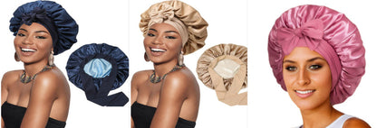 Satin ribbon round cap with gathered double-layer ruffle and top bow in mixed colors.