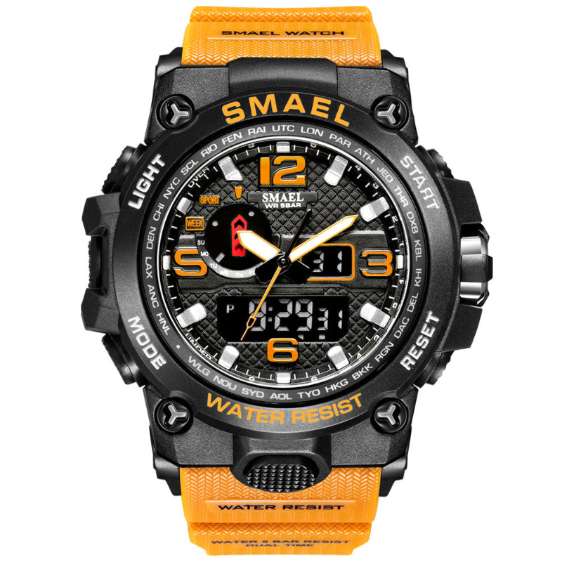 Smael watch with orange strap and black dial on a white background