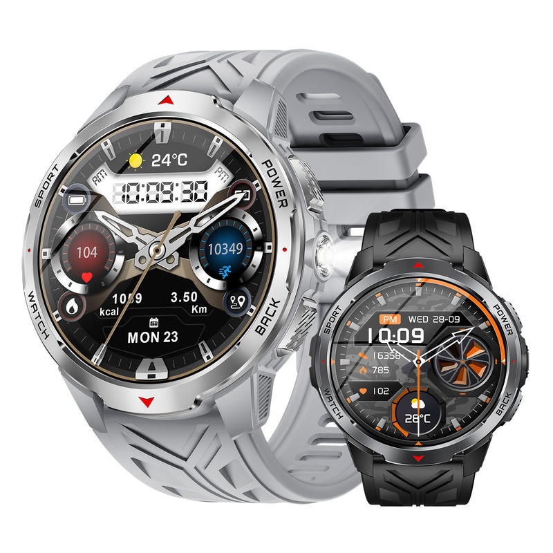 Silver smart watch plus black companion watch, both with round digital faces