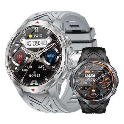 Silver smart watch plus black companion watch, both with round digital faces
