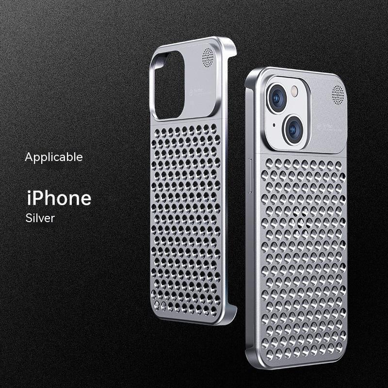Silver aluminum alloy phone case with perforated pattern, side grips, camera opening