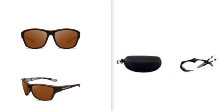 Sunglasses with a case and string on a white background