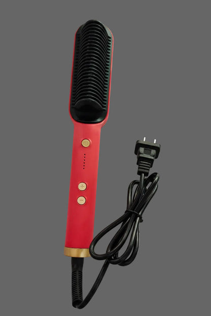 Red ionic hair straightening brush with black bristle head and plug-in power cord