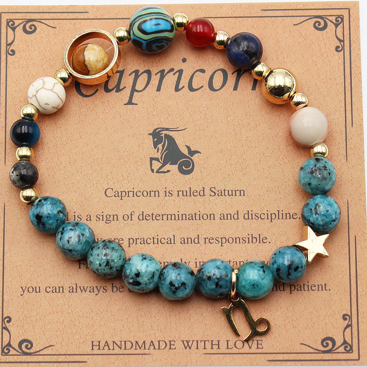 Hemp stone bead bracelet with blue turquoise, white, and brown stones and star charm