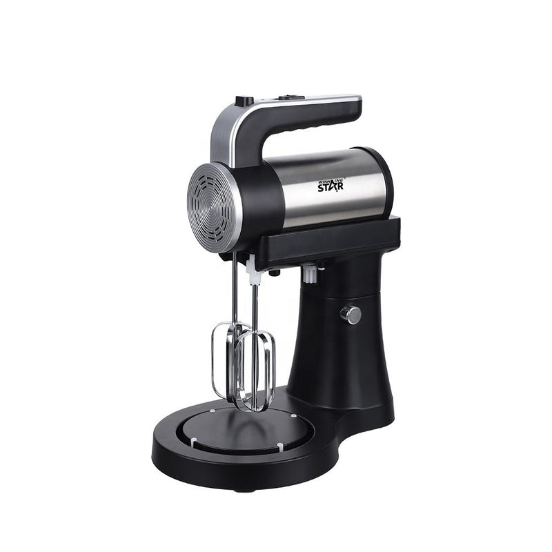 Black stand electric mixer with chrome beaters and mixing head