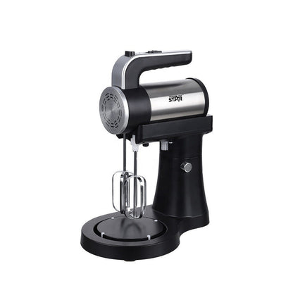 Black stand electric mixer with chrome beaters and mixing head