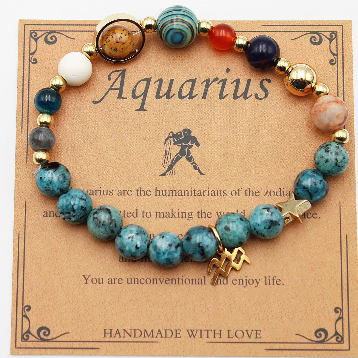 Zodiac bracelet with blue turquoise beads, gold-tone accents, and Aquarius charm