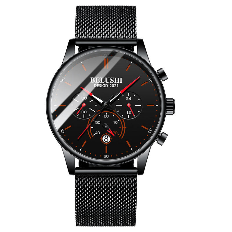 Black watch with a mesh band and red accents on a white background, featuring the brand 'BELUSHI'.