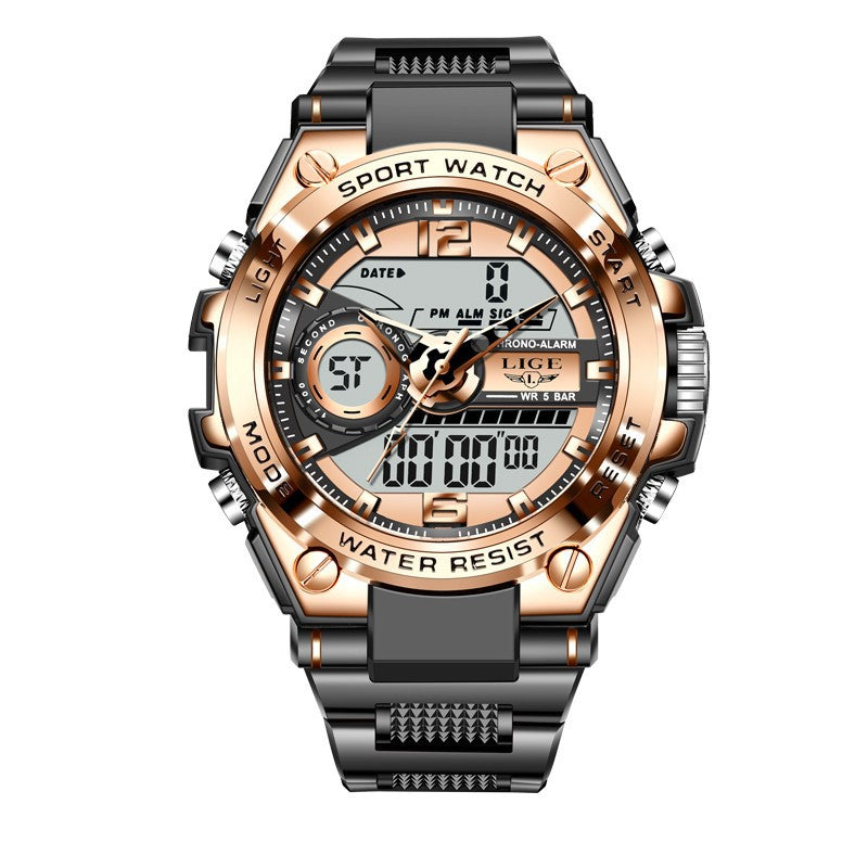 Rose gold and black sports watch with digital and analog display on a white background