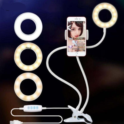 LED ring light selfie kit with phone holder, flexible gooseneck, and inline controller