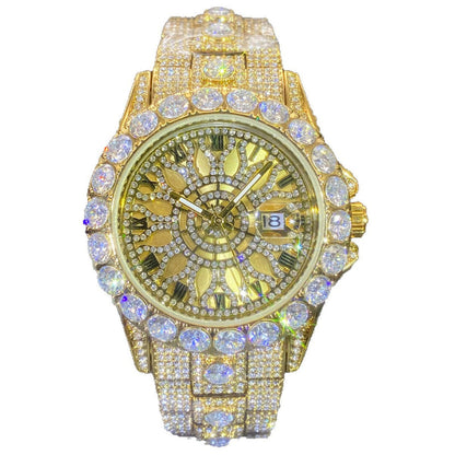 Diamond-encrusted watch with green-gold dial, gold-toned bezel, and matching gold link strap.