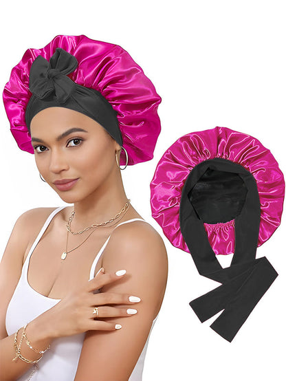 Fuchsia satin bonnet cap with gathered double-layer ribbon and black inner base