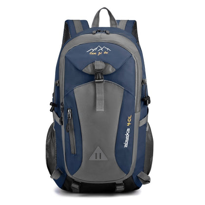Blue and gray backpack with visible branding on a white background