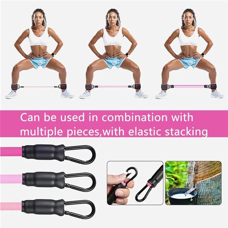 Ankle resistance bands kit with pink elastic bands and black snap connectors