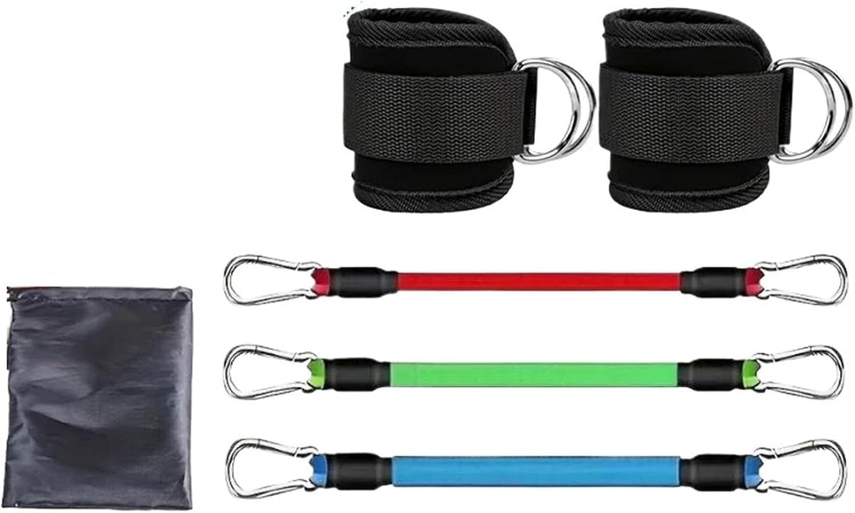 Ankle resistance bands kit with red, green, and blue bars, black cuffs, hooks