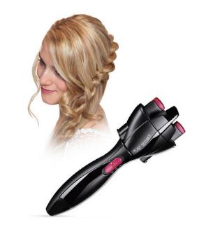 Black automatic hair twister styling tool with handle and pink control buttons