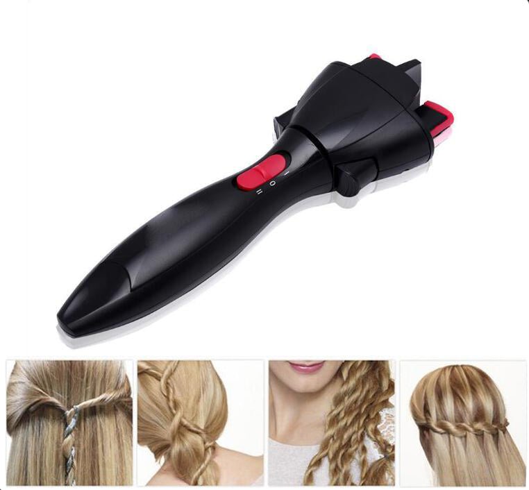 Automatic hair twister tool with black body and red buttons