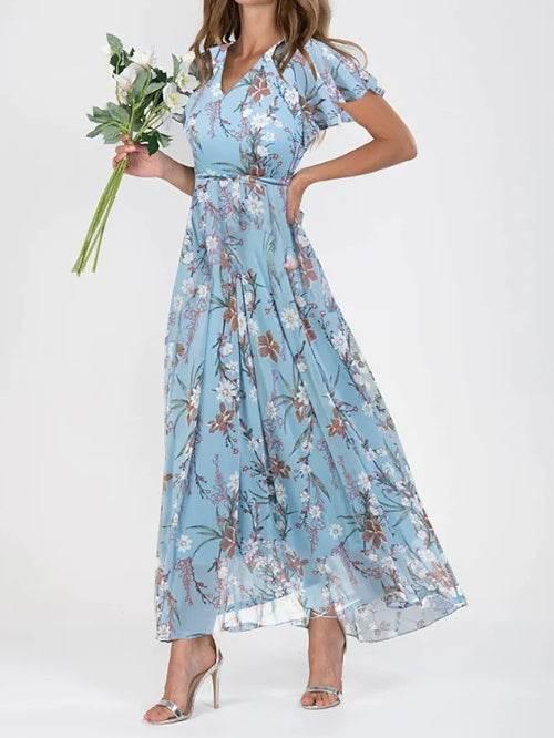 Flowers Print Short Sleeve Dress Summer Fashion Ruffle Beach Dresses Women's Clothing - YAXSO